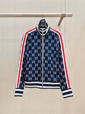 Gucci Navy GG Monogram Zip-Front Bomber with Red & White Stripes